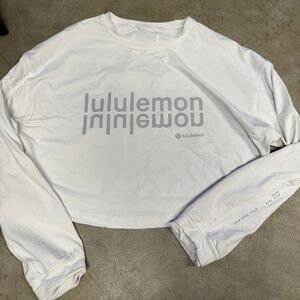 lululemon athletica White Long Sleeve Cropped Tee with Grey Logo